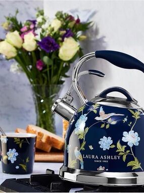 Laura Ashley Navy Floral Whistling Tea Kettle with Blue and White Bloom Motif